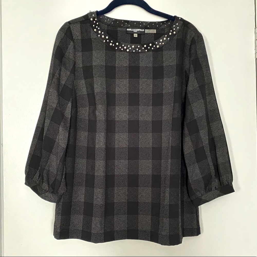 Karl Lagerfeld Paris Plaid Top with Pearl Detail